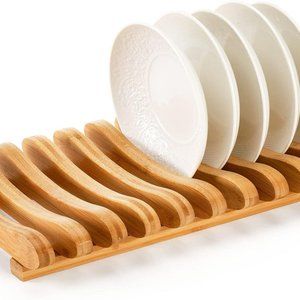 Bamboo Dish Drying Rack, 10 Slots Bamboo Cabinet Plate Stand Dish Drainer Wooden
